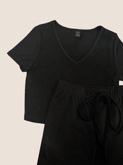 Chiquease 2pcs/Set Solid Color V-Neck Short Sleeve T-Shirt And Knotted Wide Leg Pants