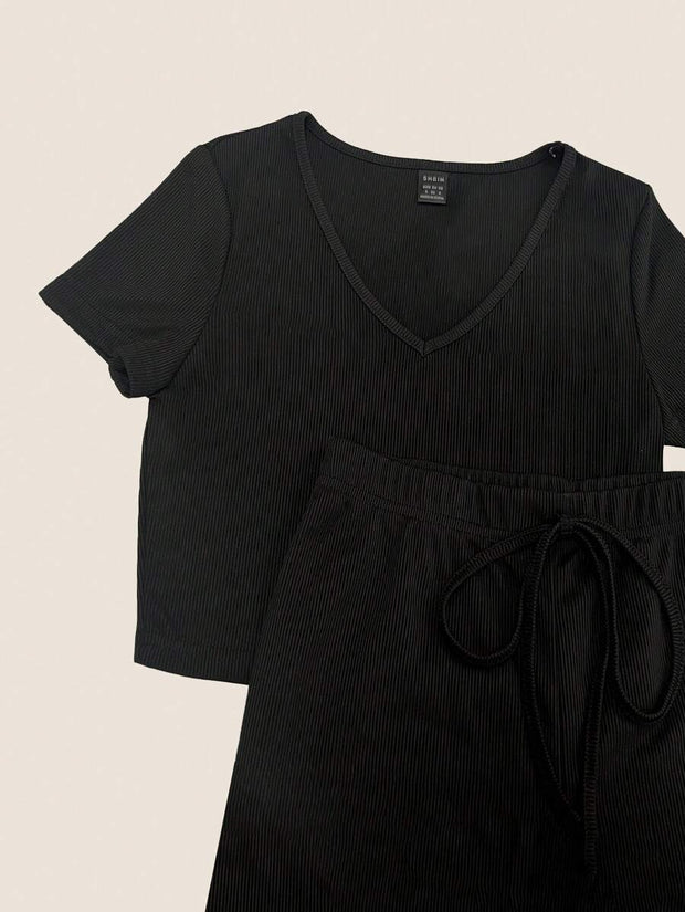 Chiquease 2pcs/Set Solid Color V-Neck Short Sleeve T-Shirt And Knotted Wide Leg Pants