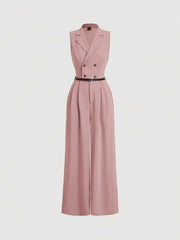 Elegant Lapel Neck Waist Wide Leg Jumpsuit, Casual Daily Women