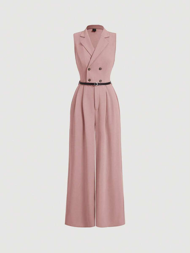 Elegant Lapel Neck Waist Wide Leg Jumpsuit, Casual Daily Women