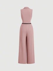 Elegant Lapel Neck Waist Wide Leg Jumpsuit, Casual Daily Women