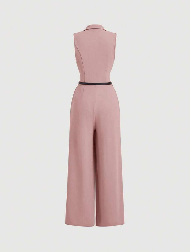 Elegant Lapel Neck Waist Wide Leg Jumpsuit, Casual Daily Women