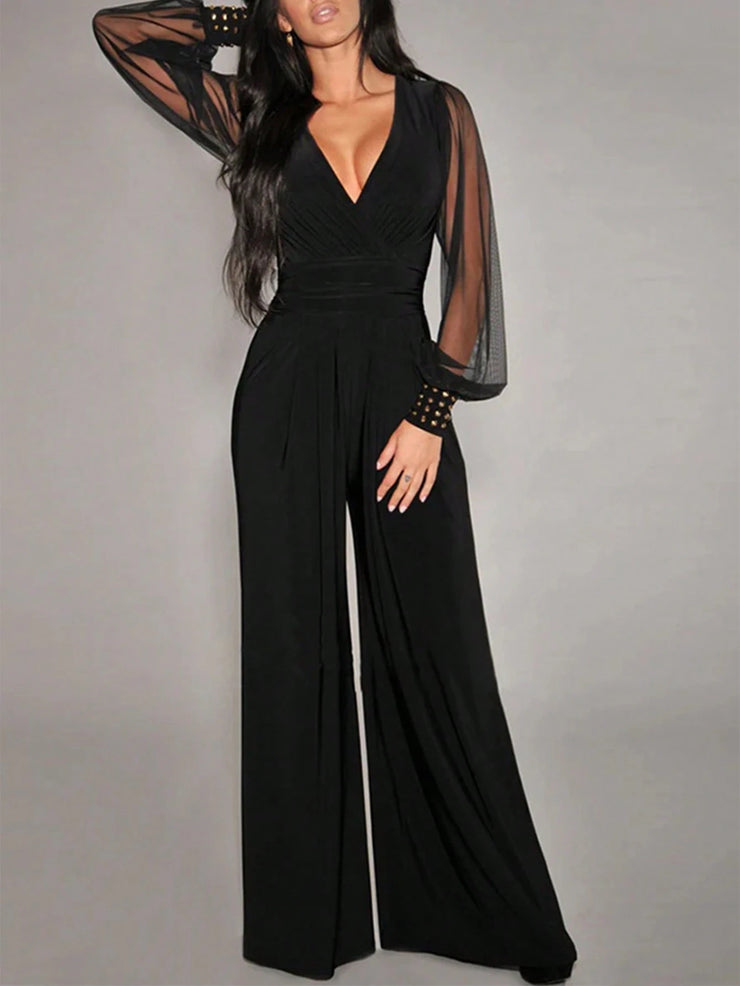 Women's Elegant Deep V-Neck Long Sleeve Mesh Patchwork Jumpsuit