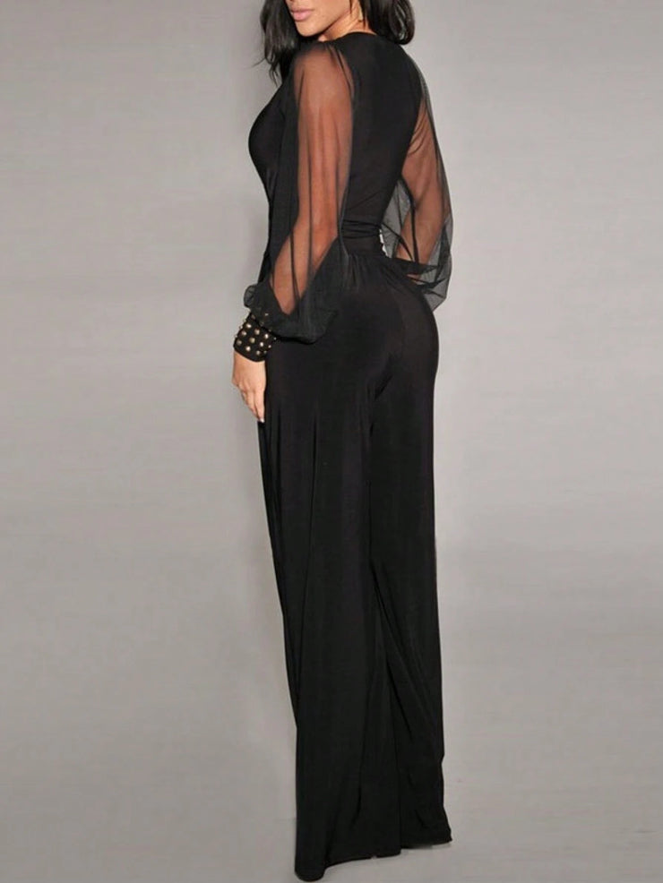 Women's Elegant Deep V-Neck Long Sleeve Mesh Patchwork Jumpsuit