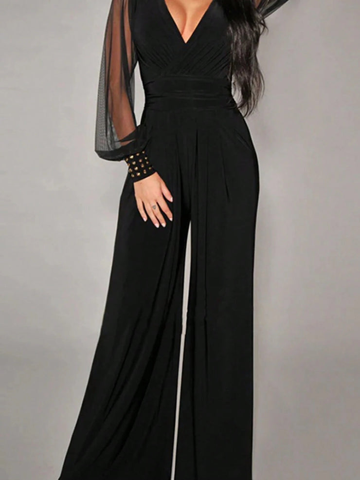 Women's Elegant Deep V-Neck Long Sleeve Mesh Patchwork Jumpsuit