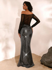 Opulessa Solid Color Knitted Off Shoulder Bodycon Long Sleeve Dress For Women