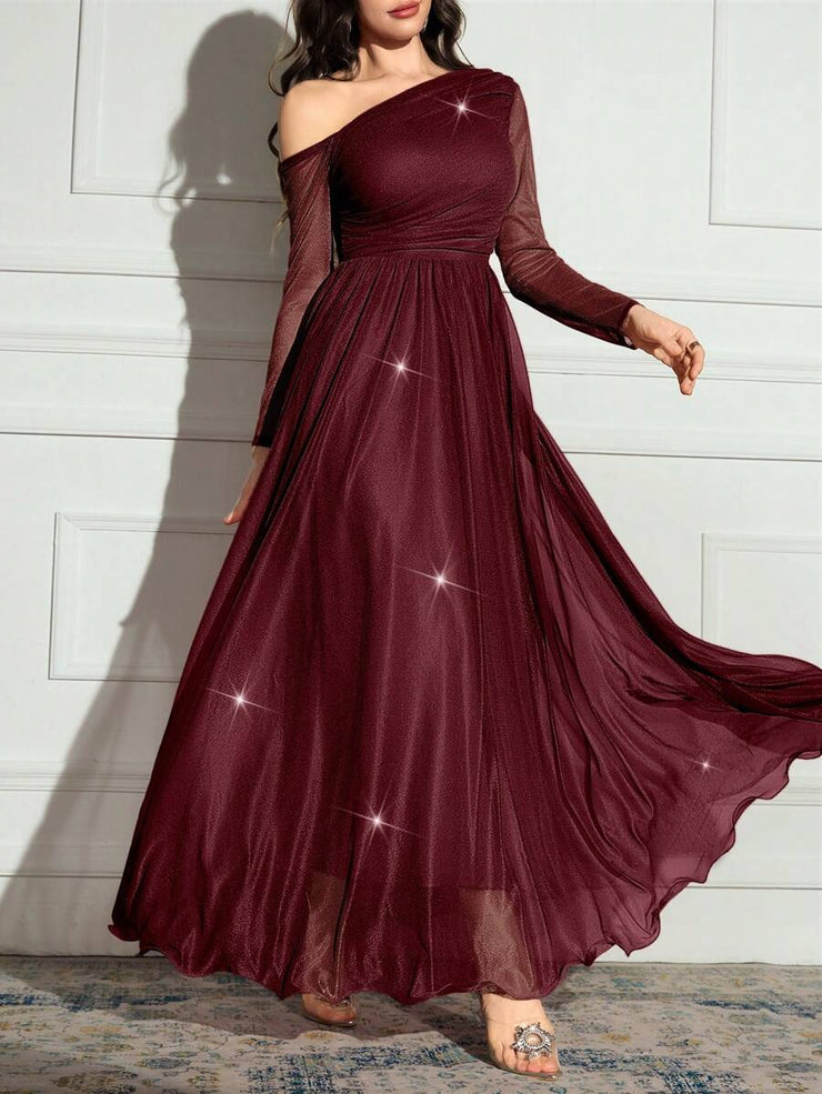 Modelyn Women's Solid Color Asymmetrical Neck Sparkly Glamorous Elegant Dress