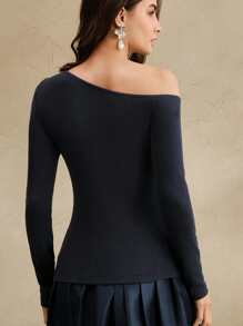 Anewsta Women's Floral Embroidered, Beaded & Rhinestone Decor One Shoulder Slim Fit Knit T-Shirt Top