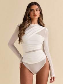 SHEIN BAE Black Asymmetric Lace-Up Long Sleeve See-Through Bodysuit For Women
