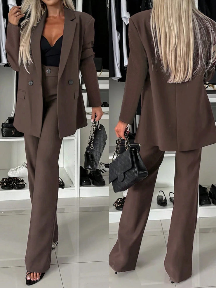 Elegant Double-Breasted Padded Shoulder Straight Leg Flared Pants Ladies 2 Pieces Suit