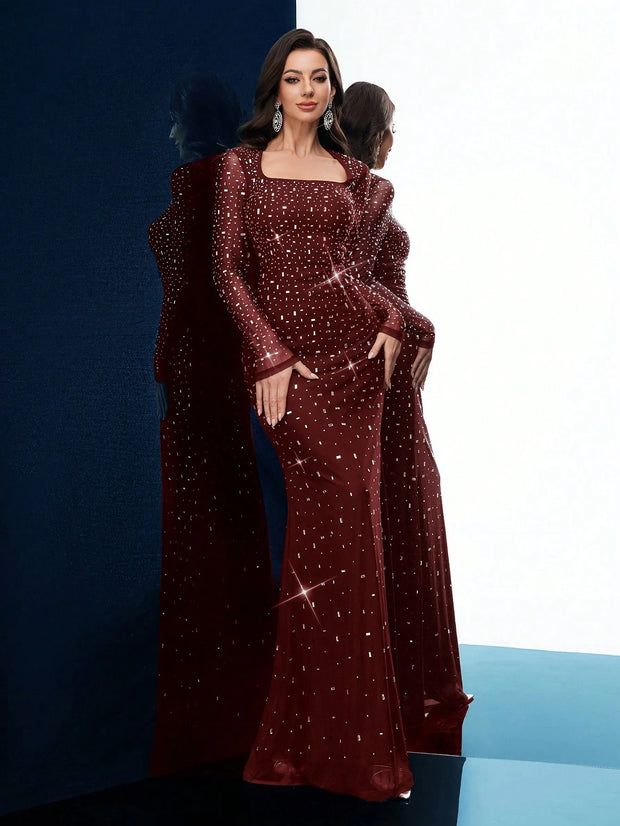 Noble Elegant Black Fantasy Hot Drill Rhinestone Women Fishtail Gown Dress