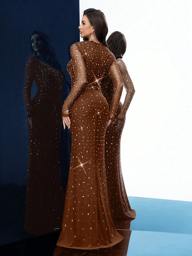 Noble Elegant Black Fantasy Hot Drill Rhinestone Women Fishtail Gown Dress