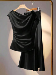 Franclia 2pcs Set Elegant Solid Color Ruffled Collar Blouse And Skirt