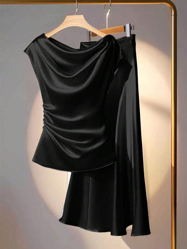 Franclia 2pcs Set Elegant Solid Color Ruffled Collar Blouse And Skirt