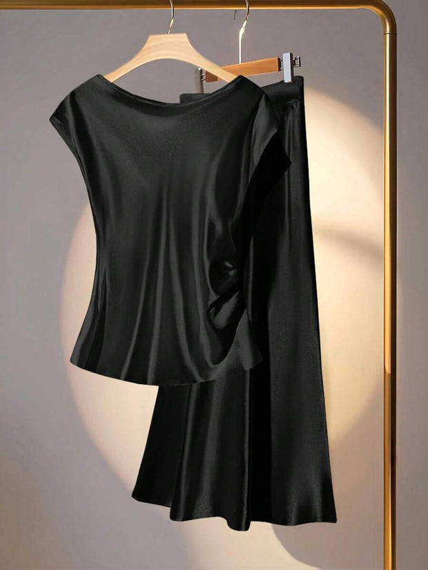Franclia 2pcs Set Elegant Solid Color Ruffled Collar Blouse And Skirt