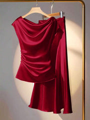 Franclia 2pcs Set Elegant Solid Color Ruffled Collar Blouse And Skirt