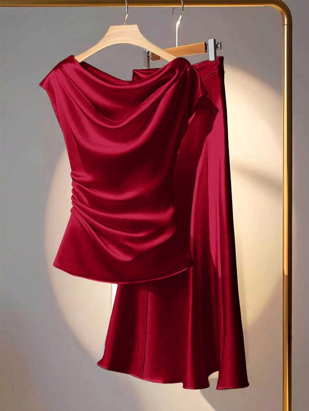 Franclia 2pcs Set Elegant Solid Color Ruffled Collar Blouse And Skirt