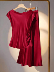 Franclia 2pcs Set Elegant Solid Color Ruffled Collar Blouse And Skirt