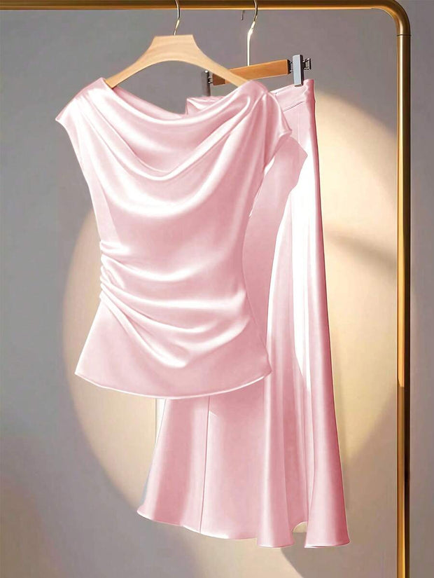 Franclia 2pcs Set Elegant Solid Color Ruffled Collar Blouse And Skirt