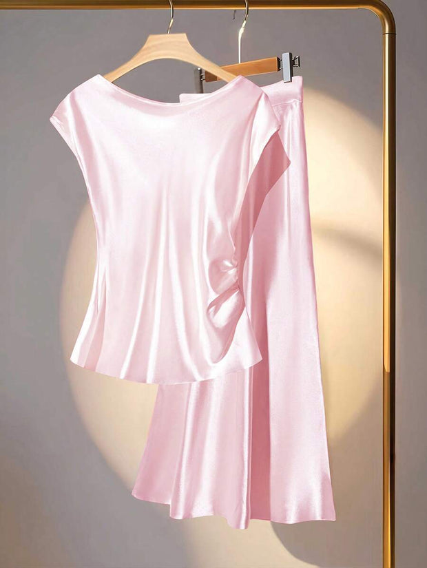 Franclia 2pcs Set Elegant Solid Color Ruffled Collar Blouse And Skirt