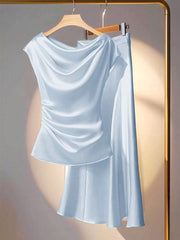 Franclia 2pcs Set Elegant Solid Color Ruffled Collar Blouse And Skirt