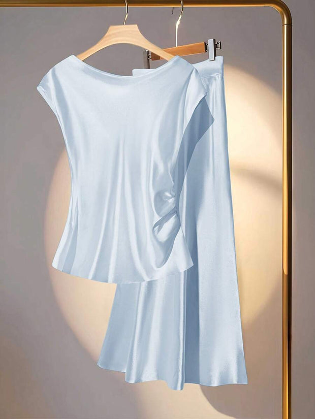 Franclia 2pcs Set Elegant Solid Color Ruffled Collar Blouse And Skirt