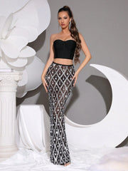 Luxury Shiny Crystal Rhinestone Sequin Sheer Mesh Strapless Maxi 2 Pieces Set