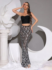 Luxury Shiny Crystal Rhinestone Sequin Sheer Mesh Strapless Maxi 2 Pieces Set