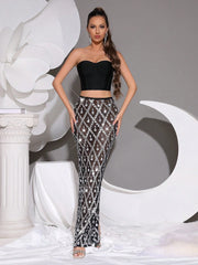 Luxury Shiny Crystal Rhinestone Sequin Sheer Mesh Strapless Maxi 2 Pieces Set