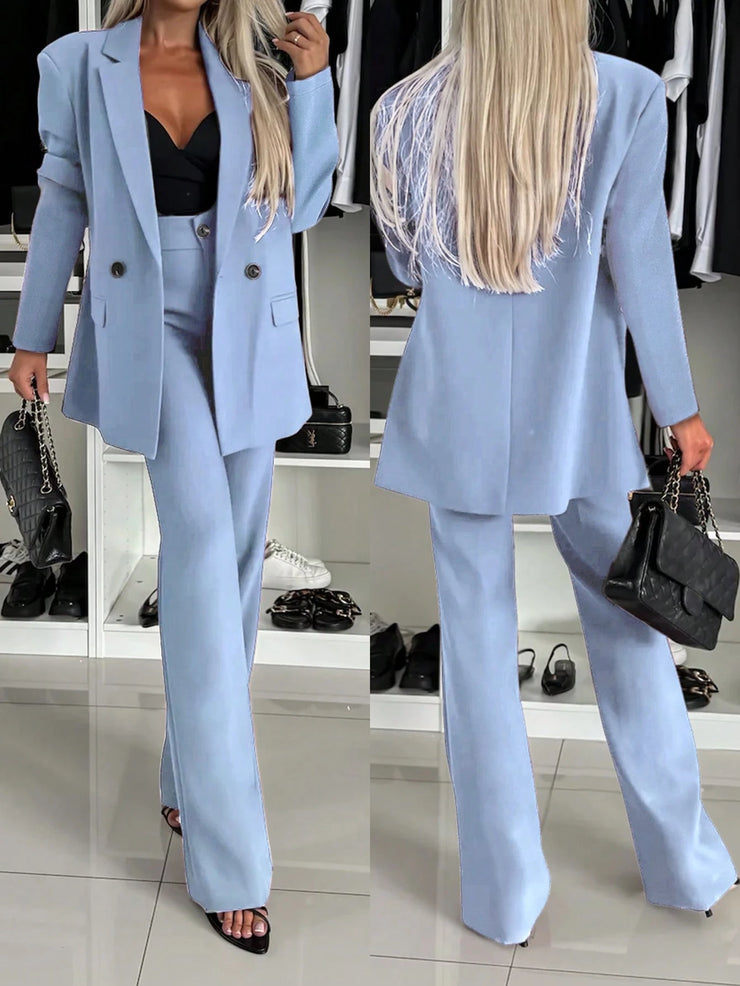 Elegant Double-Breasted Padded Shoulder Straight Leg Flared Pants Ladies 2 Pieces Suit