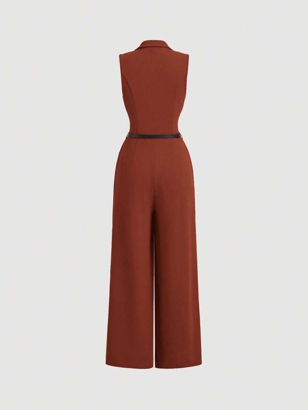Elegant Lapel Neck Waist Wide Leg Jumpsuit, Casual Daily Women