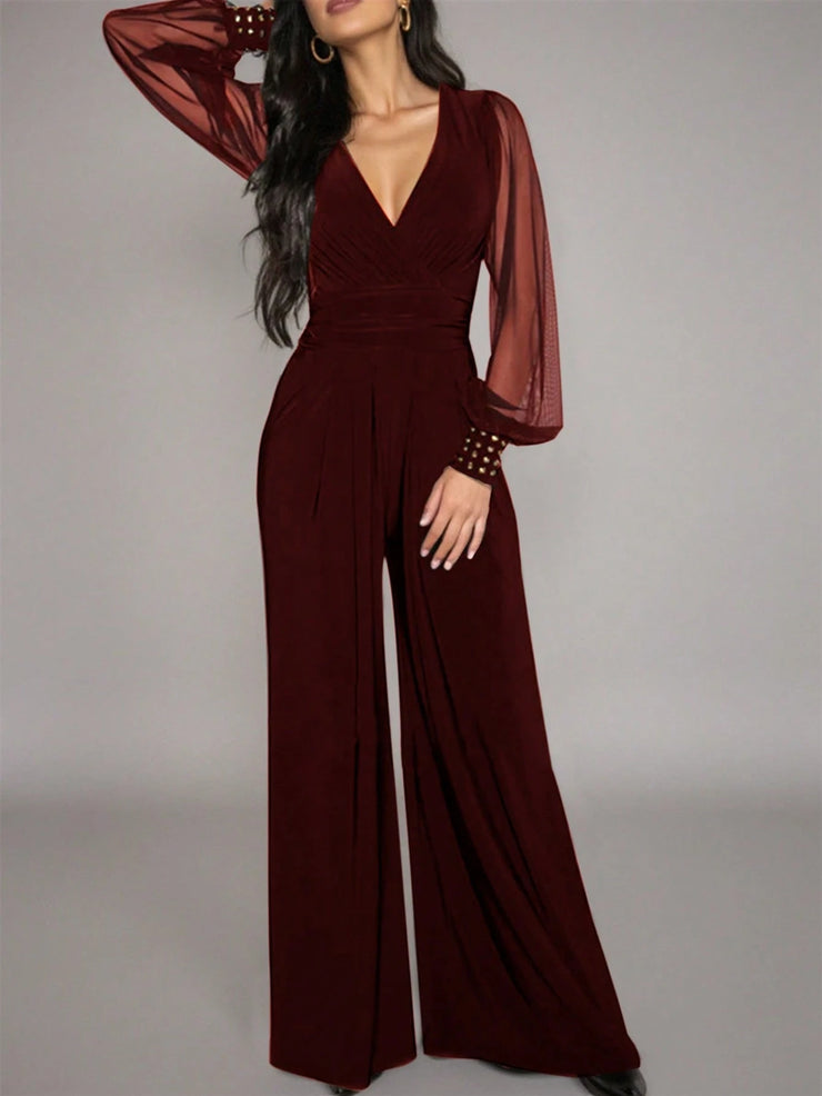 Women's Elegant Deep V-Neck Long Sleeve Mesh Patchwork Jumpsuit