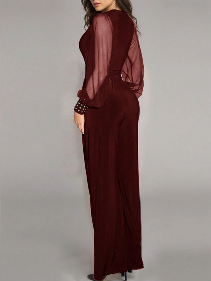 Women's Elegant Deep V-Neck Long Sleeve Mesh Patchwork Jumpsuit