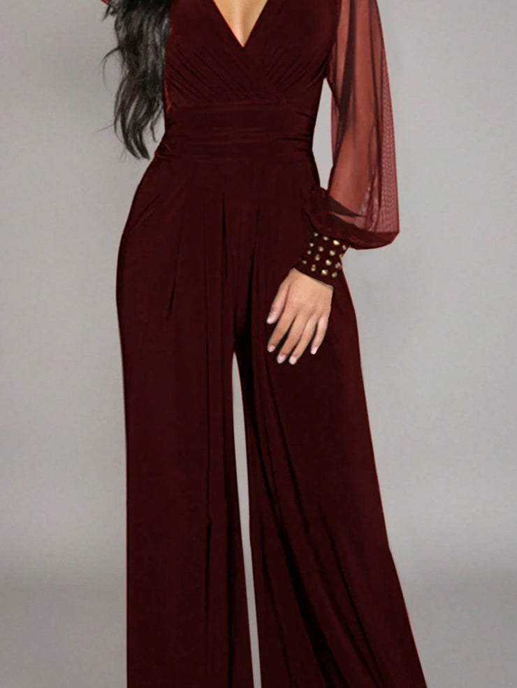 Women's Elegant Deep V-Neck Long Sleeve Mesh Patchwork Jumpsuit