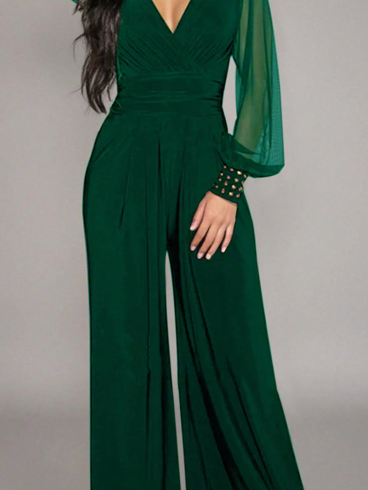 Women's Elegant Deep V-Neck Long Sleeve Mesh Patchwork Jumpsuit
