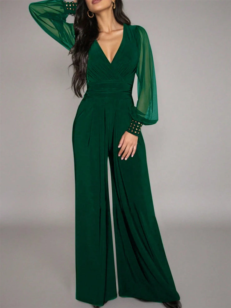 Women's Elegant Deep V-Neck Long Sleeve Mesh Patchwork Jumpsuit