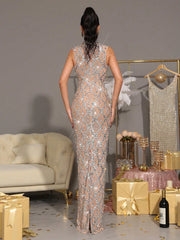 New Long Dress Luxurious Sparkling Crystal Diamond See Through Mesh Long Dress Fashionable Small Stand Collar Sleeveless Tight Long Dress