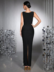 New Black Heavy Industry Luxury Hot Diamond Handmade Nail Bead Sexy Sleeveless Square Neck Slimming  Party Long Dress