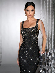New Black Heavy Industry Luxury Hot Diamond Handmade Nail Bead Sexy Sleeveless Square Neck Slimming  Party Long Dress