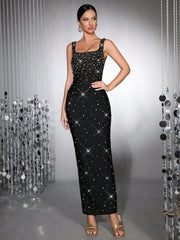 New Black Heavy Industry Luxury Hot Diamond Handmade Nail Bead Sexy Sleeveless Square Neck Slimming  Party Long Dress