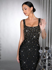 New Black Heavy Industry Luxury Hot Diamond Handmade Nail Bead Sexy Sleeveless Square Neck Slimming  Party Long Dress
