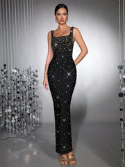 New Black Heavy Industry Luxury Hot Diamond Handmade Nail Bead Sexy Sleeveless Square Neck Slimming  Party Long Dress
