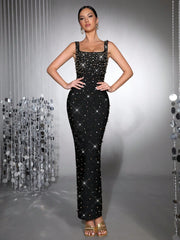 New Black Heavy Industry Luxury Hot Diamond Handmade Nail Bead Sexy Sleeveless Square Neck Slimming  Party Long Dress