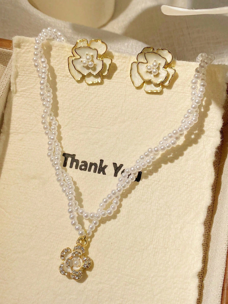 1 Set Elegant Faux Pearl 2pcs Earrings And Necklace Jewelry Set