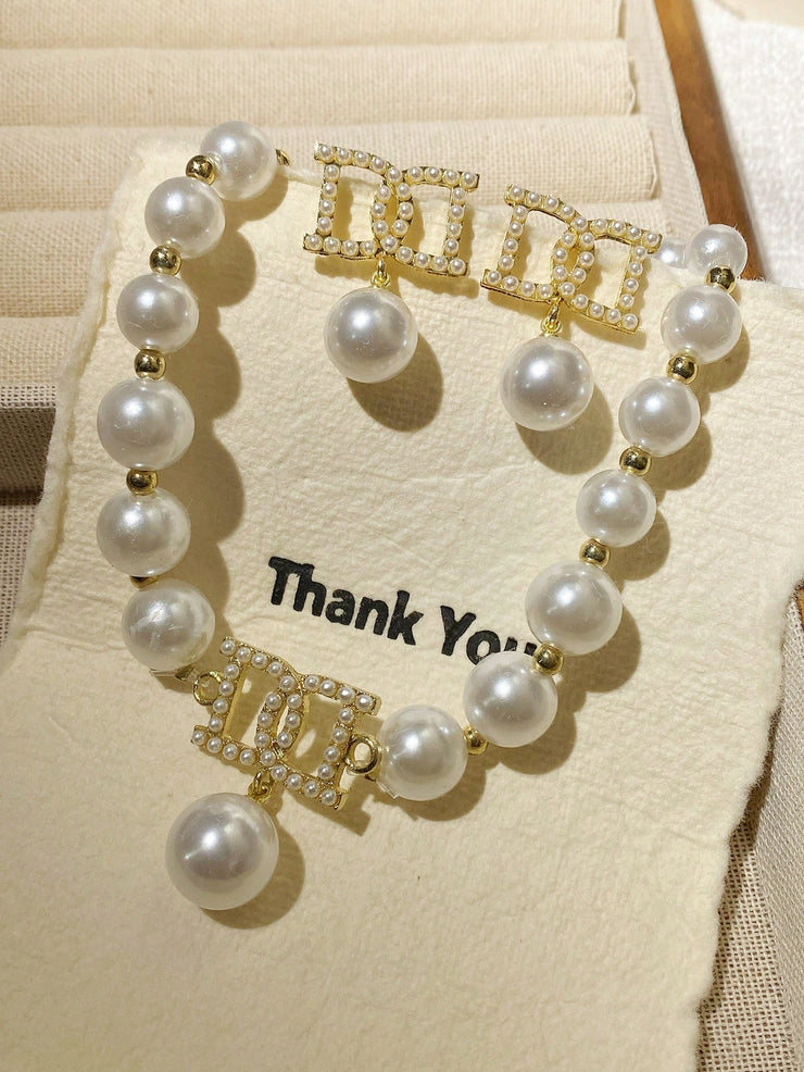 1 Set Elegant Faux Pearl 2pcs Earrings And Necklace Jewelry Set