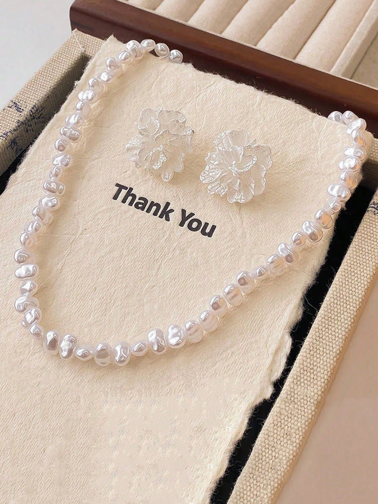 1 Set Elegant Faux Pearl 2pcs Earrings And Necklace Jewelry Set