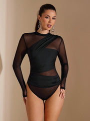 SHEIN BAE Black Asymmetric Lace-Up Long Sleeve See-Through Bodysuit For Women