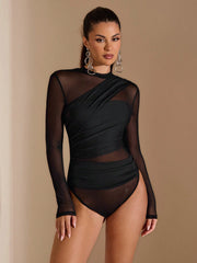 SHEIN BAE Black Asymmetric Lace-Up Long Sleeve See-Through Bodysuit For Women