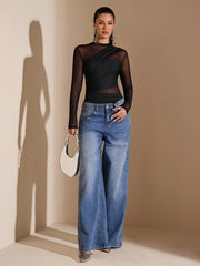 SHEIN BAE Black Asymmetric Lace-Up Long Sleeve See-Through Bodysuit For Women
