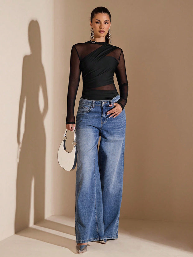SHEIN BAE Black Asymmetric Lace-Up Long Sleeve See-Through Bodysuit For Women